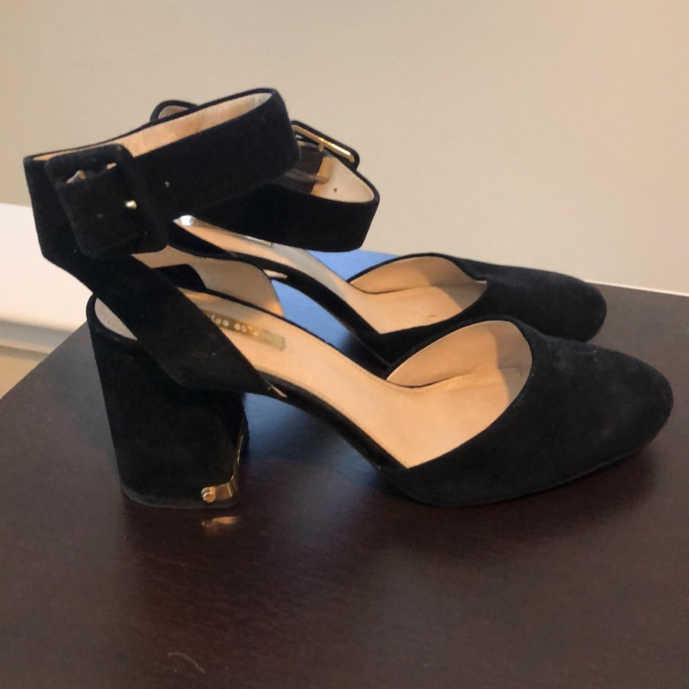 Black Suede Shoe with ankle trap.